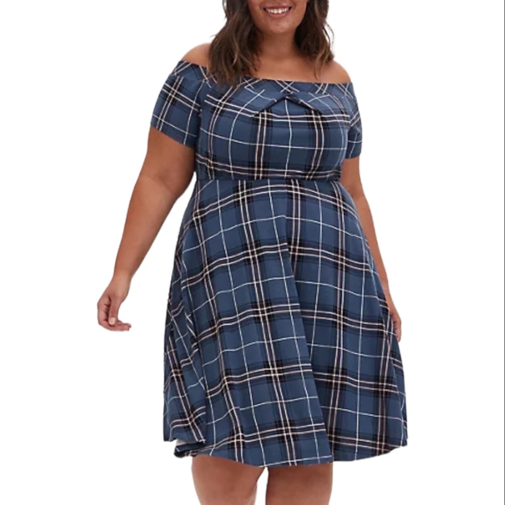 Torrid “Ponte Twist Off-Shoulder Skater Dress” Blue Plaid Stretchy Midi Size 1X